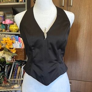 JR Notes Chic Black Satin Halter  with vintage Brooch